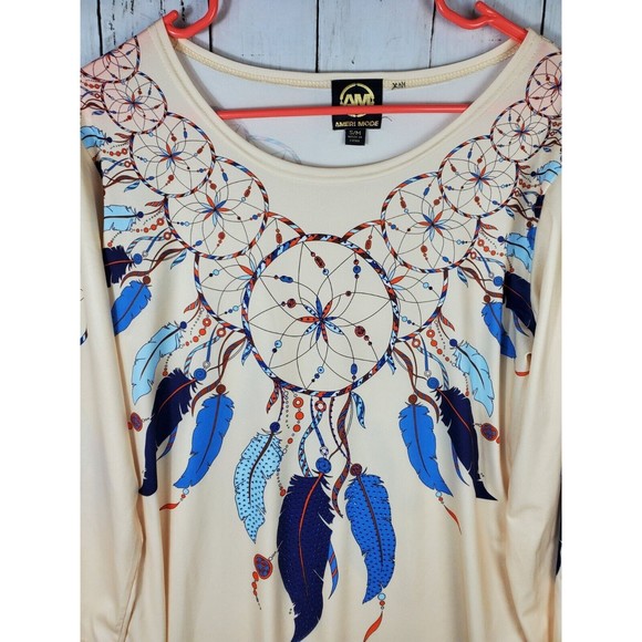 Ameri Mode Women's Dreamcatcher Printed Long Tunic Blouse Size S/M Beige Blue - Picture 2 of 8